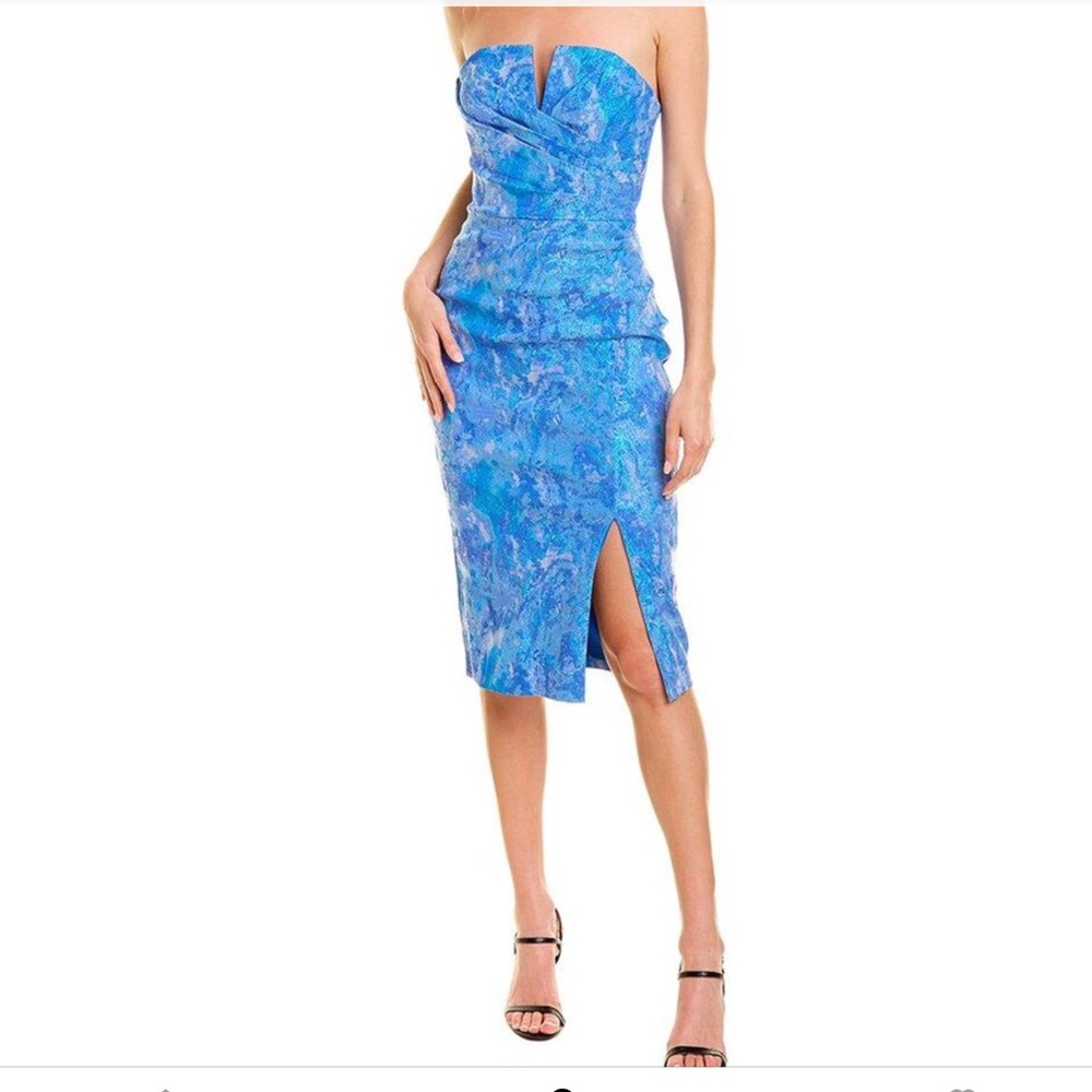 Aidan Mattox Blue Strapless Ruched Sheath Dress